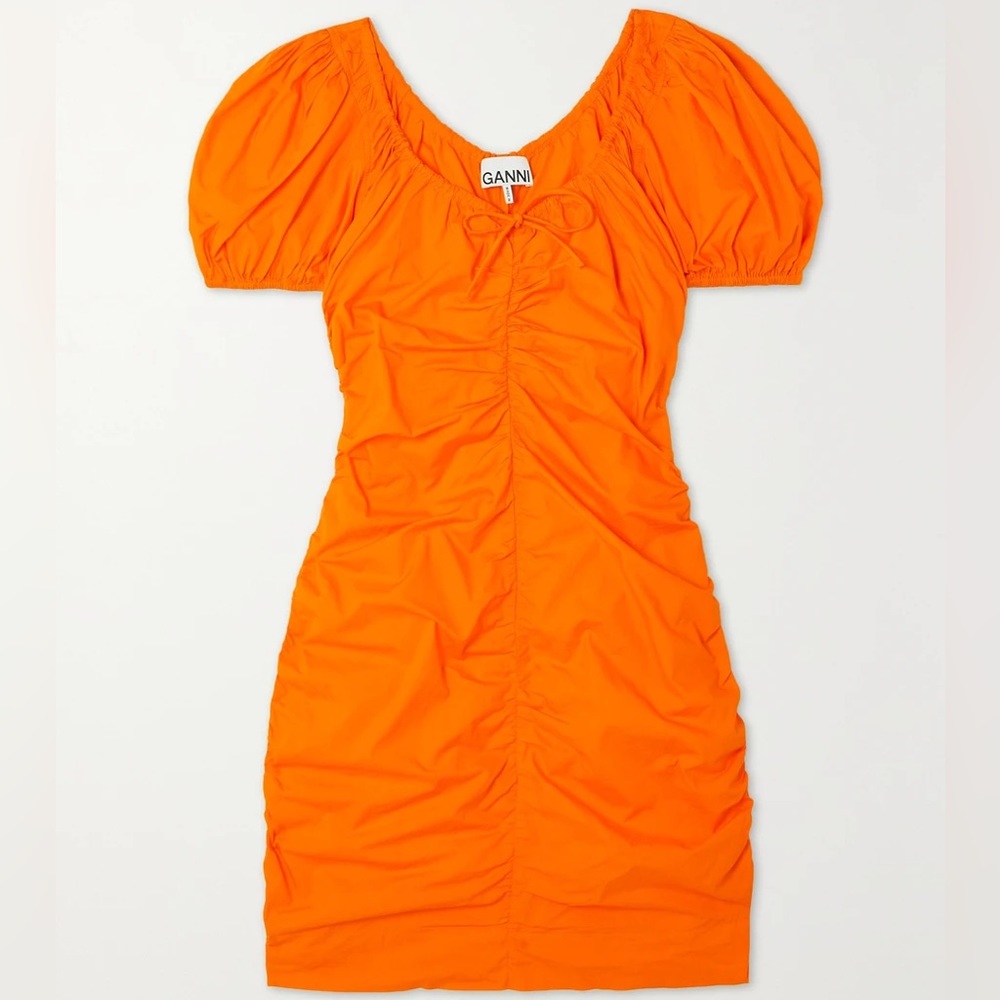 GANNI Bow-detailed ruched cotton-poplin mini dress